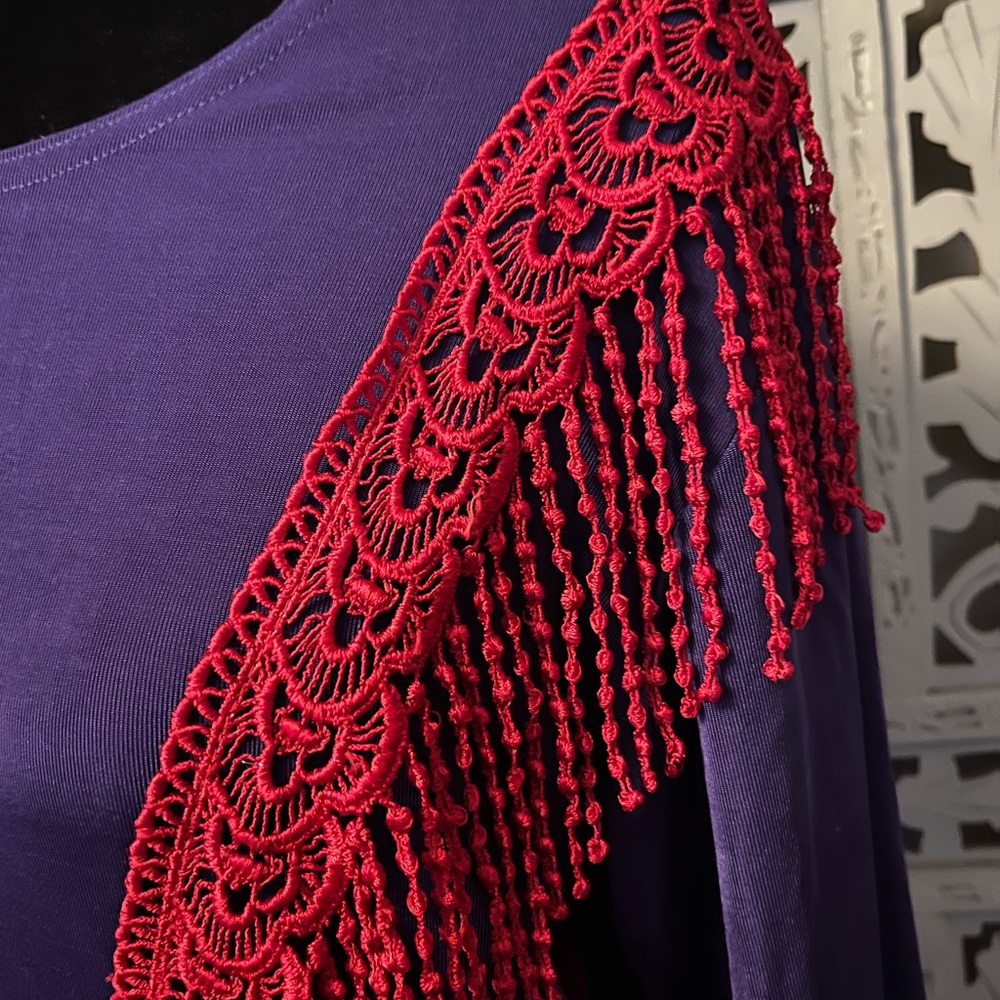 MAXIMA USA VINTAGE gorgeous purple with red fringe 2pc top & skirt maxi dress - Picture 4 of 11